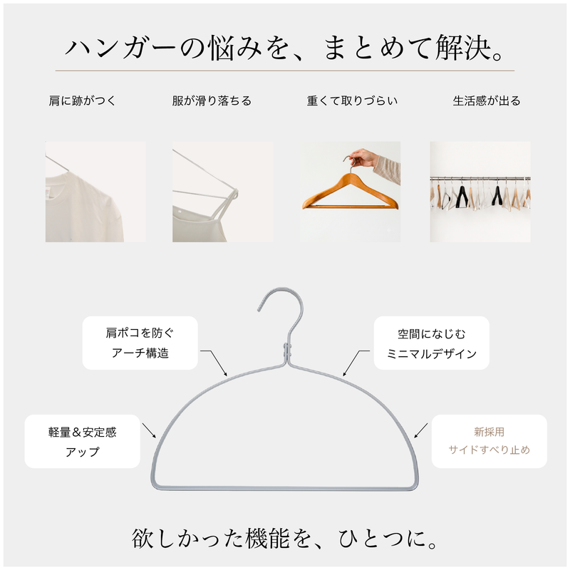 肩先すべり止め付き 軽量アルミハンガー】MOTTEアーチ＋（モッテアーチ